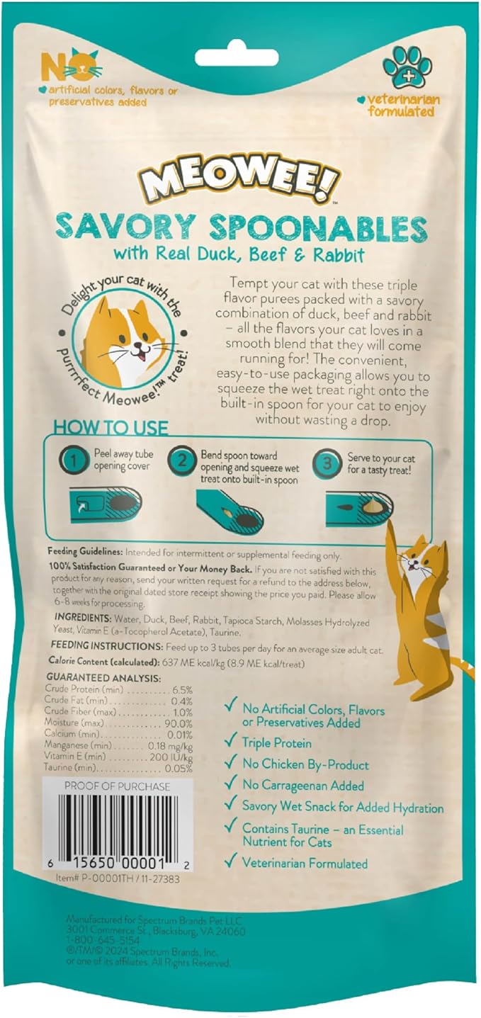 Savory Spoonables with Real Duck, Beef and Rabbit for Cats, 4 Count, Treat Your Cat to Triple Flavor Squeezable Lickable Wet Treats with Built-in Spoon for Less Mess