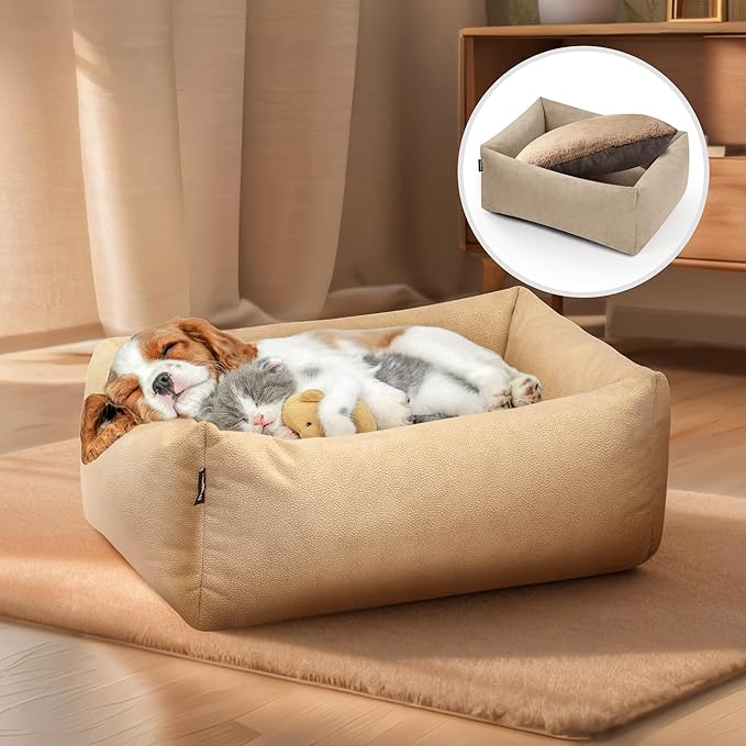 Durable Pet Bed for Small Dogs and Cats, 23" Rectangle Puppy Sofa with Bolster Sides, Washable Soft Fabric with Reversible Cushion, Easy to Clean and Perfect for Crate Use (Camel, S)