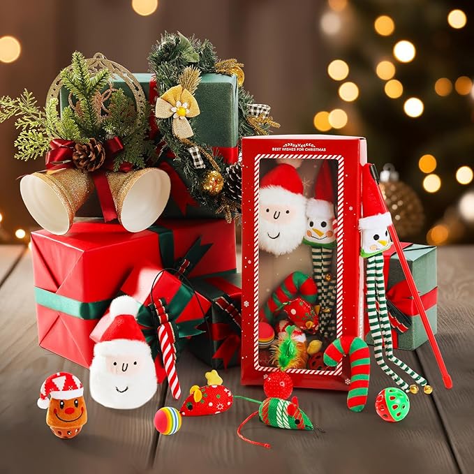 PETEPELA Christmas Cat Toys, 10 Pcs Cat Feather Mice Catnip Toys Set, Cat Gifts for Christmas, Interactive Cat Christmas Stocking Ball Toys, Crinkle Balls, Mice Toys for Indoor Cats & Kittens
