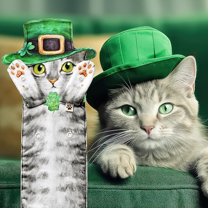 Funny St Patricks Day Cat Hand Towels for Bathroom Kitchen - Cute Green Shamrock Decorative Cat Decor Hanging Towels Super Absorbent Soft - Housewarming Birthday Gift for Women Cat Lovers - Grey