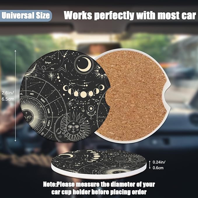 Car Cup Holder Coaster - Sun Moon Absorbent Ceramic Coaster, Car Coasters for Cup Holders, Auto Accessories for Women & Men, Pack of 2