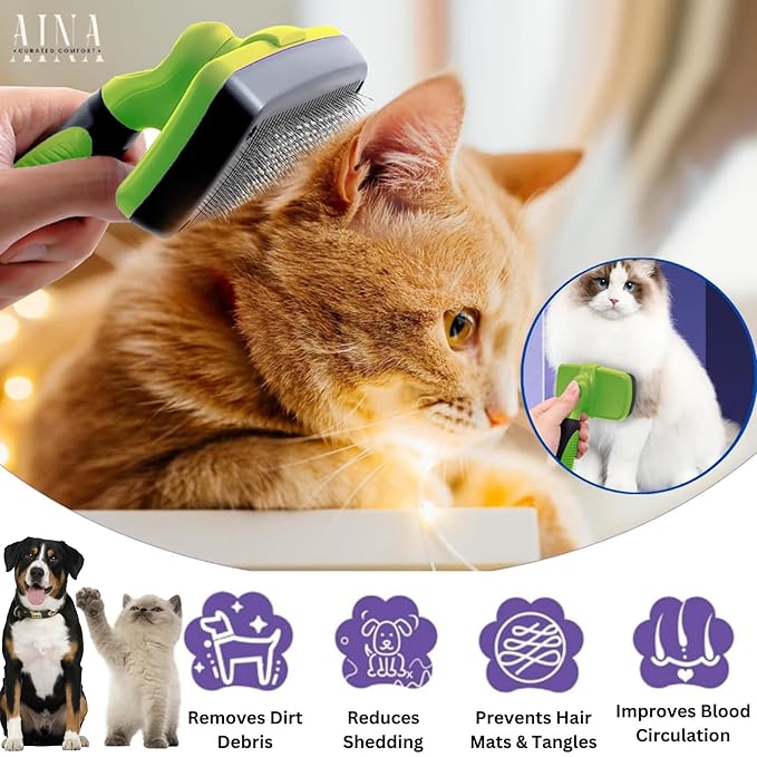 AINA Self-Cleaning Pet Grooming Brush | Pet Slicker Brush for Dogs & Cats Detangling & Fur Removal with Click Clean Button | Effective & Comfortable Pet Deshedding Brush, Perfect for Pet Grooming