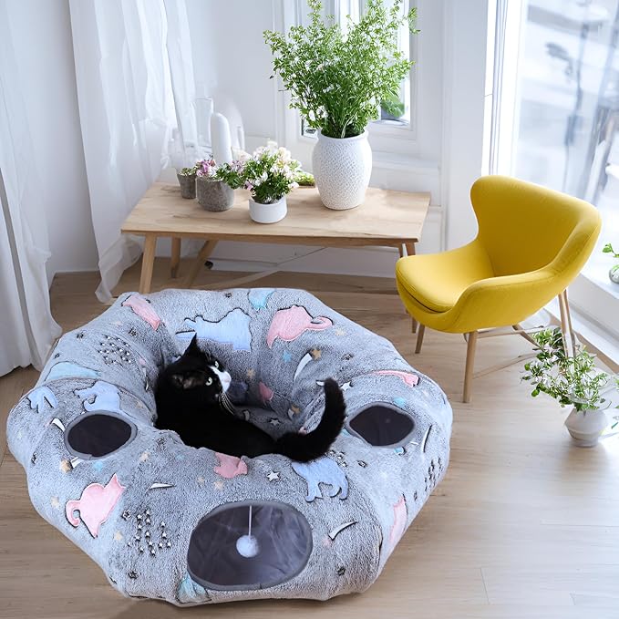 Cat Tunnel Bed,Cat Tunnel Bed with Soft Central Cat Couch,Cat Toys for Indoor Cats,Collapsible Peekaboo Cat Cave,Cat Donut Tunnel and Kitty Toy Set（Luminous，Donut）