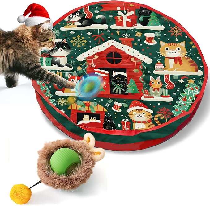 Interactive Christmas Cat Toy – Rechargeable Motion-Activated Rolling Ball in Plush Pouch with LED Light Mouse, Perfect Indoor Hunting and Exercise Toy for High-Energy and Bored Cats