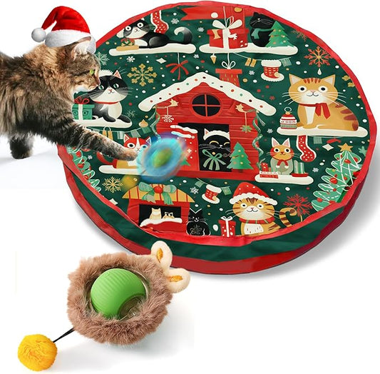 Interactive Christmas Cat Toy – Rechargeable Motion-Activated Rolling Ball in Plush Pouch with LED Light Mouse, Perfect Indoor Hunting and Exercise Toy for High-Energy and Bored Cats