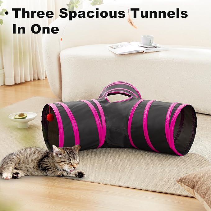 Love's cabin Cat Tunnel Tube Cat Toys 3 Way Collapsible, Cat Tunnels for Indoor Cats，Kitten Tunnel Bored Pet Cat Play Tunnel with Peek Hole Toy Ball for Cat, Kitty, Kitten, Rabbit, Puppy Red