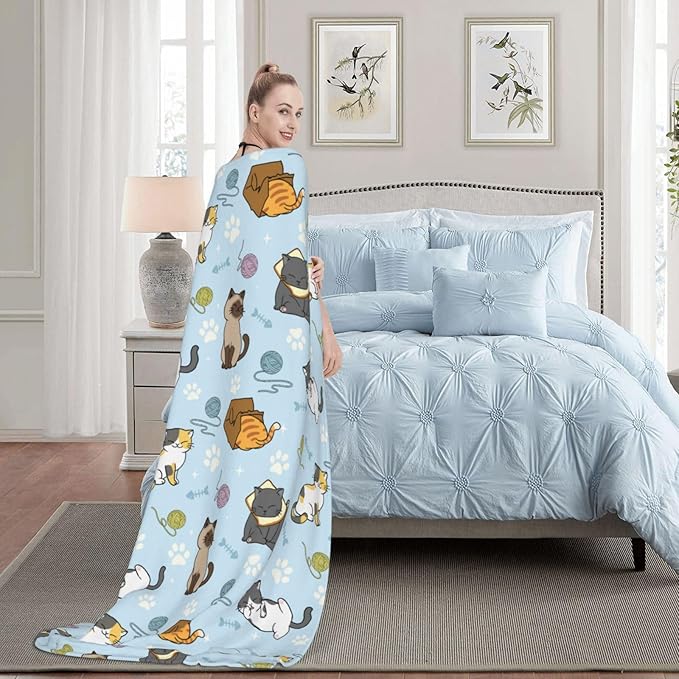Soft Fluffy Cat Pattern Blanket, Cute Feline Design Cozy Throw Blanket for Adults Kids Pet,Lightweight Warm Plush Fleece Blanket for Couch Bed Sofa, for Cat Lovers 60"x50"