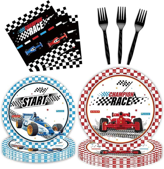 96 Pcs Racing Car Party Supplies Decorations, Checked Race Car Track Paper Plates and Napkins Party Supplies Disposable Tableware Dinnerware for Boys/Kids/Men Birthday Party, Serves 24