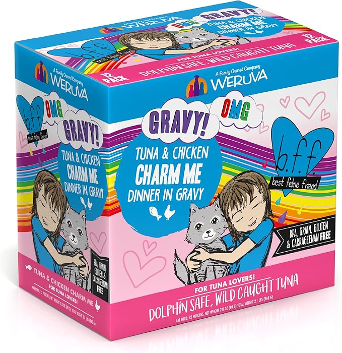 Weruva B.F.F. OMG - Best Feline Friend Oh My Gravy! Tuna & Chicken Charm Me with Tuna & Chicken in Gravy Cat Food, 3oz Pouch (Pack of 12)