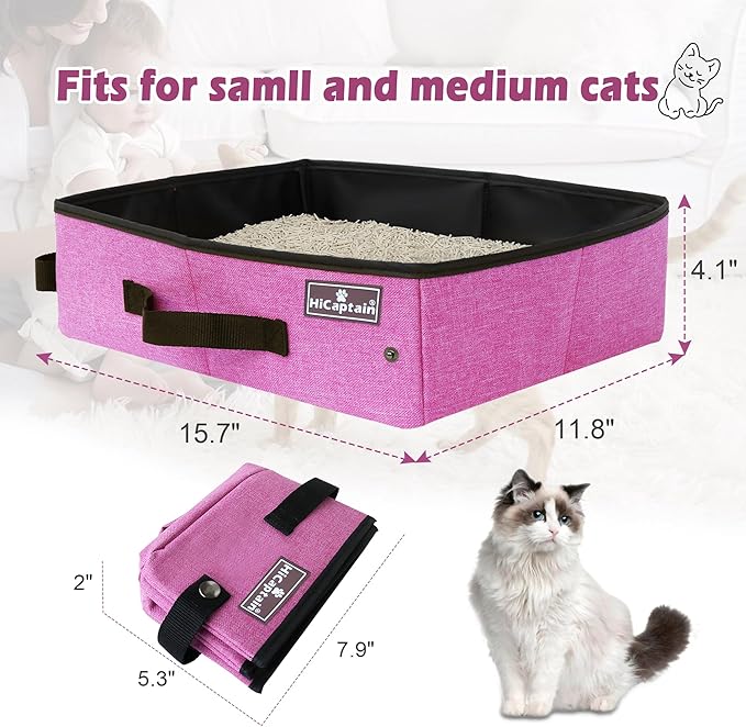 HiCaptain Portable Cat Litter Box for Travel, Collapsible Litter Box for Cats in Car,Traveling Litter Box Fit for Medium Cats and Kitties, Leak-Proof, Sturdy, Lightweight-Pink