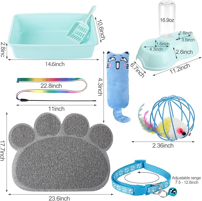 7 Pcs Small Cat Kitten Starter Kit Cat Litter Box with Shovel Cat Paw Litter Mat Double Automatic Cat Bowls Cat Toy Teaser Stick Cat Collar Essentials Kits for 1-3 Lbs Beginner (Blue,Simple)