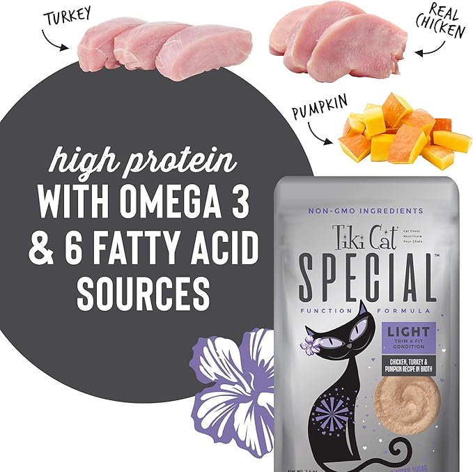 Tiki Cat Special Light Mousse, Chicken, Turkey & Pumpkin, Formulated to Support Healthy Trim and Fit, Functional Wet Cat for Adult Cats, 2.4 oz. Pouch (Pack of 12)
