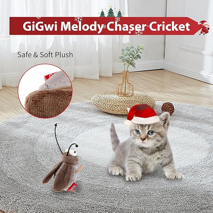 PETGEEK GiGwi Chirping Cricket Cat Toys Realistic Bird Plush Toy- Perfect Melody Chaser Cat Toys for Bored Indoor Adult Cats- Hangable Design Best Gift for Birthday, Thanksgiving, Christmas, New Year