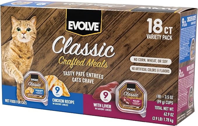 Evolve Classic Crafted Meals Cat Food Variety Pack - Chicken Recipe & Liver Recipe 3oz (Pack of 18)