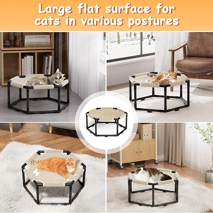 Tresbro Cat Bed, Hexagon Warm Elevated Cat Bed with Thick Teddy Velvet & Anti-Slip Pads, Raised Cat Hammock Bed for Indoor and Outdoor Use, 23.6'' x 10.6'' x 12'' Cat Hammock for Large to Small Cats