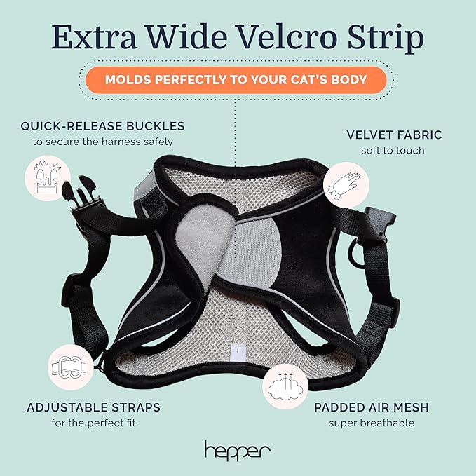 Hepper Cat Harness and Leash Escape Proof Set - Black Tactical Cat Harness with Reflective Safety Strips - Kitten or Cat Vest/Cat Jacket/Cat Walker (XXS)