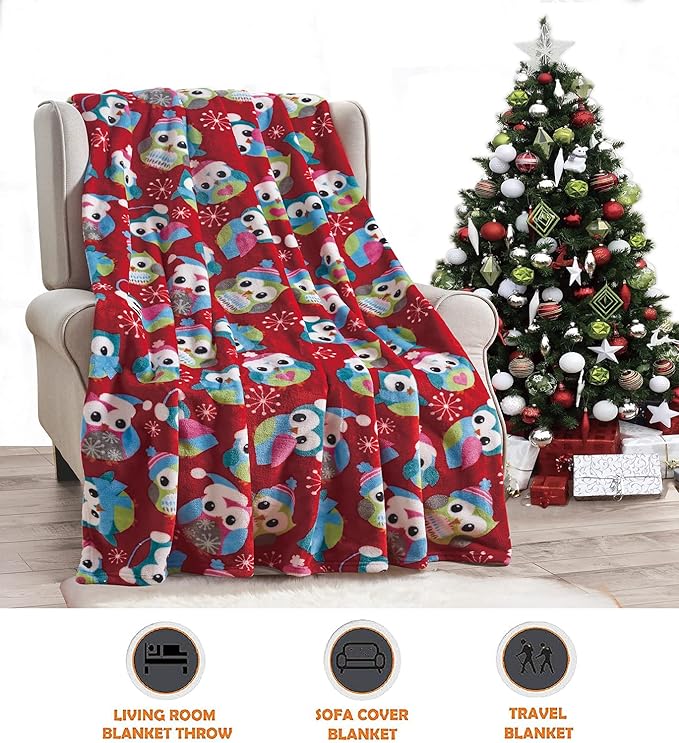 Elegant Comfort Luxury Velvet Super Soft Christmas Prints Fleece Blanket-Holiday Theme Home Décor Fuzzy Warm and Cozy Throws for Winter Bedding, Couch and Gift, 50 x 60 inch, Owl