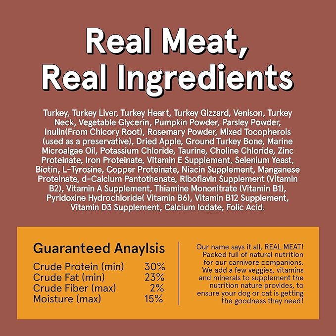 Real Meat Air Dried Cat Food & Dog Food w/Real Turkey & Venison - 14oz of USA-Crafted Grain-Free Dry Dog & Cat Food Sourced from All-Natural Free-Range Venison & Turkey - High Protein Pet Food
