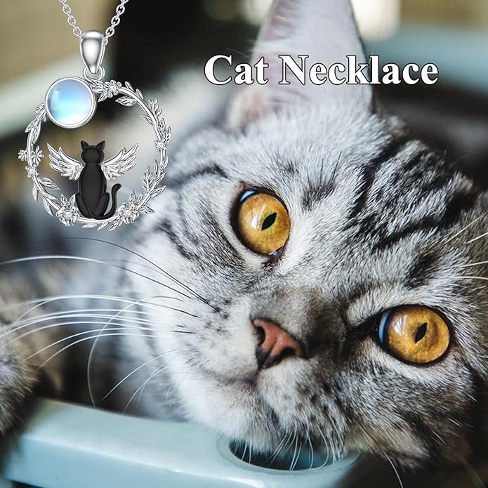 Black Cat Necklace for Women 925 Sterling Silver Moonstone Necklace Cat Pendant Necklaces Ladies Cat Jewelry Birthday Cat Gifts for Mom Cat Lovers