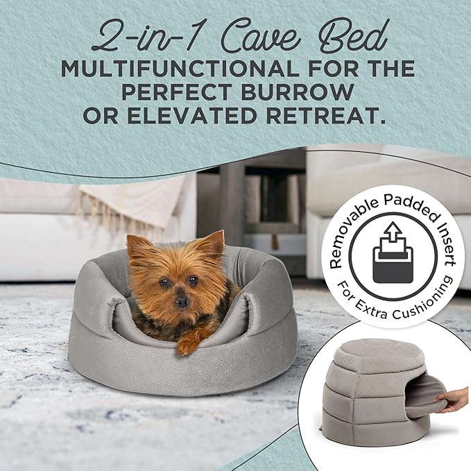 Best Friends by Sheri 2 in 1 Honeycomb Convertible Cat and Dog Cave Bed, Ilan Microfiber, Gray, Standard