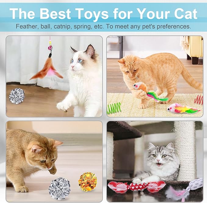 UPSKY 24 PCS Cat Toys, 3-Level Turntable Kitten Toys Set, Interactive Cat Roller Toys for Indoor Cats, Catnip Toys, Cat Teaser Toys, Mice Toys, Spring Toys, Various Ball Toys for Kitty