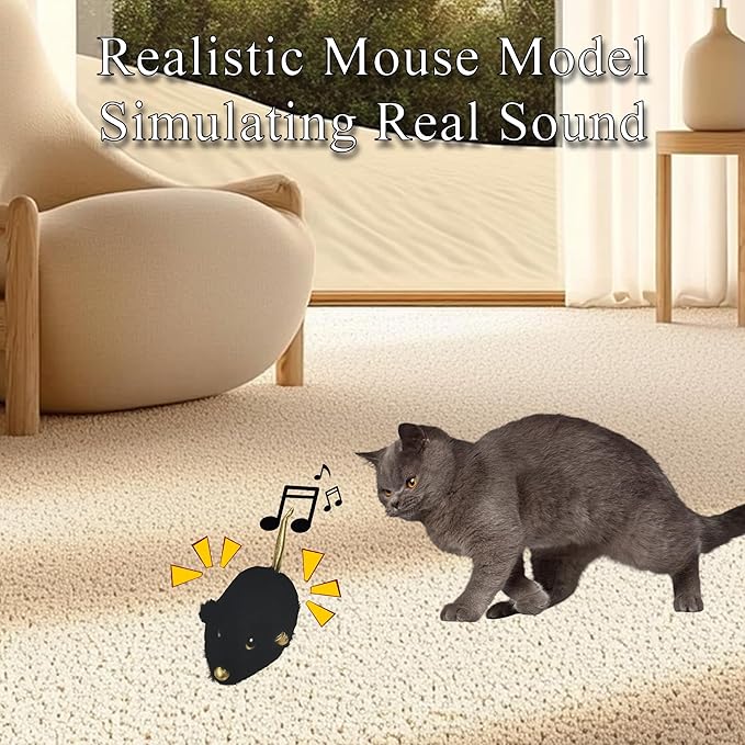 Cat Toys Squeaky Rechargeable Moving Mouse with Dynamic Magic Tail, Automatic Self Play Mouse Interactive Cat Toy for Indoor Cats, Kitten's Electric Multi-Mode Activated Mouse Toy (Black)