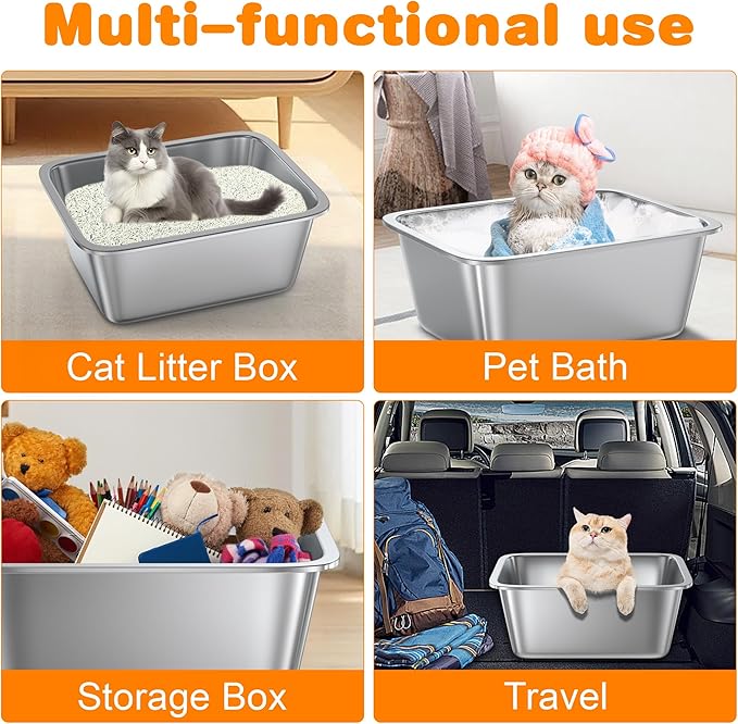 8" Deep Litter Box Stainless Steel Cat Litter Box Metal Litter Box Easy to Clean,Non-Stick Kitty Litter Box,Suitable for Indoor and Outdoor Pet Cats