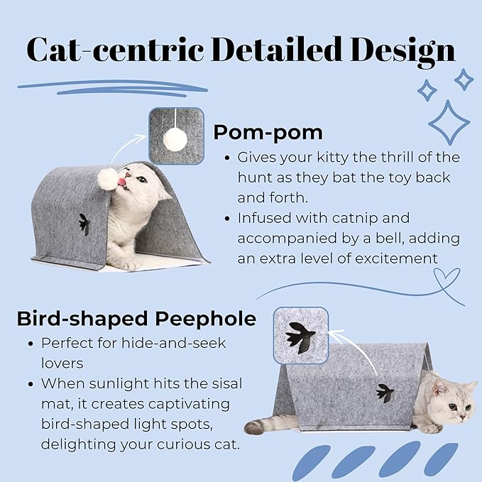 1pk 4-in-1 Modular Cat Tunnel/Scratcher/Cat Cave Lounger Bed/Cat Toy for Indoor Cats Up to 15 lbs- 21.7’’x 9’’x 7.9’’with Sisal Scratching Mat, Felt Tunnel, Catnip-Infused Toy Ball with Bell