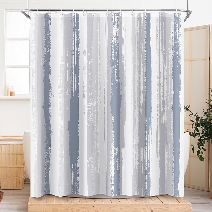 Blue Grey Abstract Striped Shower Curtain Sets for Bathroom 60Wx72H Vintage Modern Contemporary Minimalist Shower Curtain Botanical Plant Leaves Aesthetic Bathtub Curtain Rustic Bathroom Decor