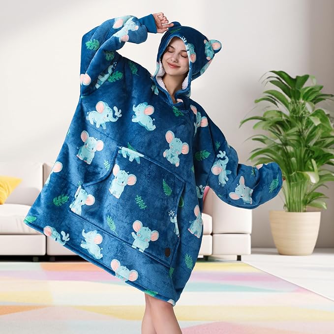 THREE POODLE Wearable Blanket Hoodie for Women, Oversized Sherpa Sweatshirt Blanket for Adults Men, Warm Cozy Elephant Hooded Blanket, Gifts for Mom Girlfriend Sister