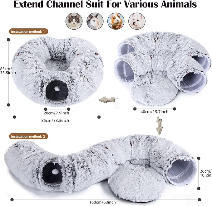 Odoland Cat Tunnels Bed with 20 Cat Toys for Indoor Cats, Plush Cat Couch Tunnel Bed for Kitten, Cat Cave Donut Tunnel - Detachable Soft Cat Bed and Variety Kitty Toy Set, White