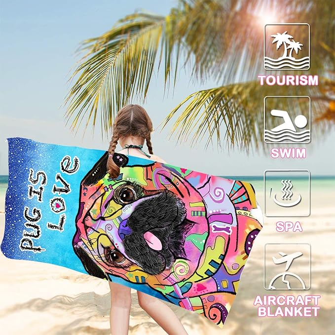 Bonsai Tree Pug Beach Towel, Cute Puppy Dog Themed Microfiber Bath Towel Gifts for Pug Lovers, Funny Abstract Trippy Sand Free Quick Dry Travel Towels for Kids Yoga Sports 30" x 60"