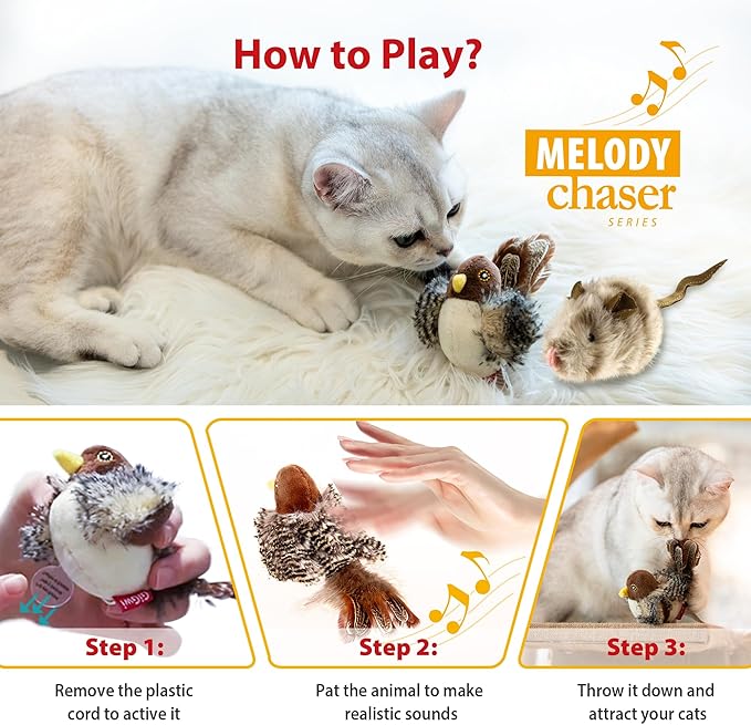Gigwi Automatic Cat Toys Pack, Interactive Cat Toys Electronic Squeaky Animals Bird and Mouse, Plush Toys for Cats to Play Alone, Play and Squeak Cat Toys for Indoor Cats Boredom, 2 Pcs