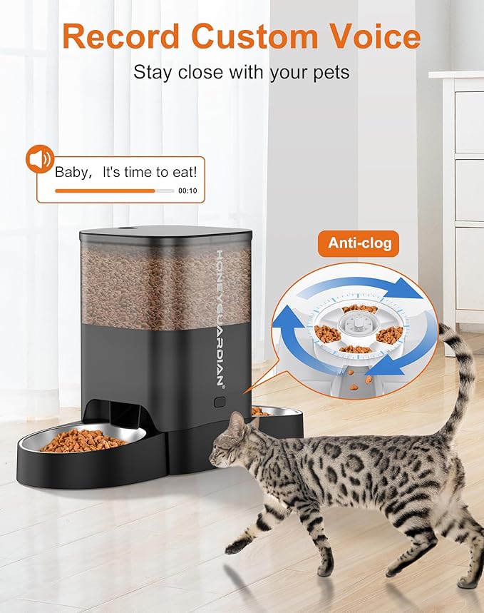 HoneyGuaridan 3.5L Automatic Cat Feeder for Two Cats, 2.4G WiFi Enabled Smart Feed Pet Feeder with Stainless Steel Bowl,APP Control Dispenser, Dual Power Supply,Desiccant Bag,10s Meal Call Black