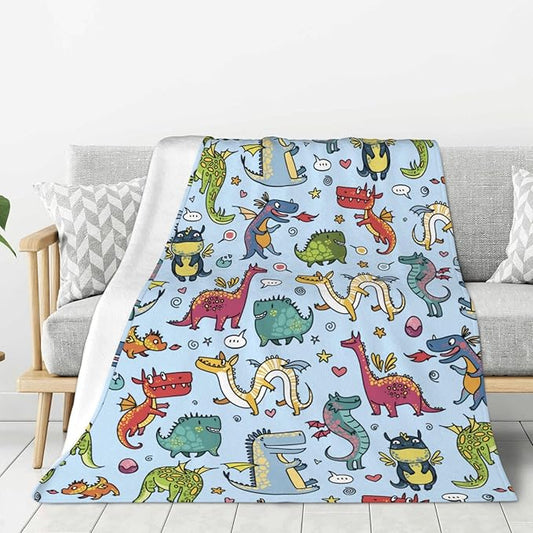 Kids Cute Dragon Print Blanket Throw 80"x60", Plush Flannel Blankets with Dragons, Soft Warm Decorative for Kids Women Adults