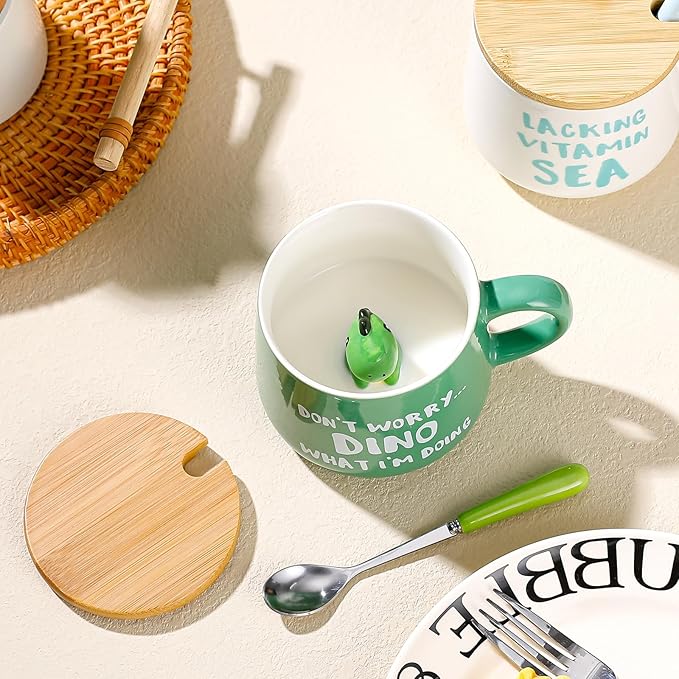 BigNoseDeer Cute Dinosaur Mug Ceramic Coffee Mug with 3D Cartoon Dino Inside,Funny Mugs with lid Spoon,White Elephant Gifts for Adults,Gag Gifts for Women Animal Gift Cute Stuff Cool Stuff