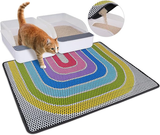Bienbee Cat Litter Mat, 30"x24" Cat Litter Trapping Mat, Double Layer Litter Mat with Non-Slip Rubber Bottom, Urine and Water Proof, Keeps Floors Clean Rainbow L