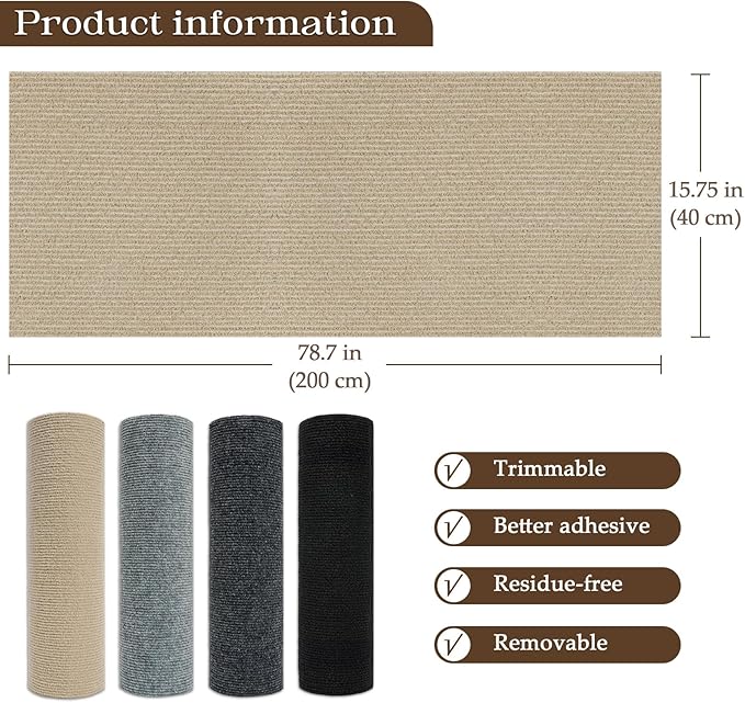 Cat Scratching Mat, 78.7"x15.7" Cat Carpet Self-Adhesive Carpet Mat Trimmable Replacement for Cat Tree, Cat Wall Scratcher, Cat Scratching Post, Shelf Shelves Couch Furniture DIY Protector, Khaki
