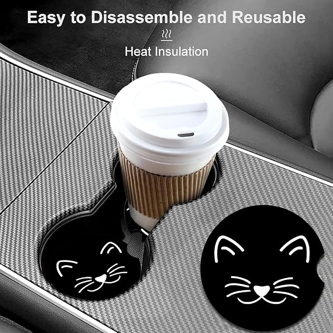 Car Coasters for Cup Holders,2 Pack Cat Car Cup Holder Coasters,2.75" Universal Size Anti Slip Rubber Mat,Automotive Cup Holder Decal Decor Accessories,Cat Gifts for Women,Men,Mom