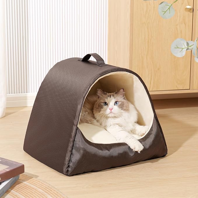 Cat Beds for Indoor Cats, Cat Cave for Large Cats and Small Pets, Memory Foam Cat House Tent with Removable Washable Cushioned Pillow, Cat Hideaway with Non-Slip Bottom, Coffee, Large