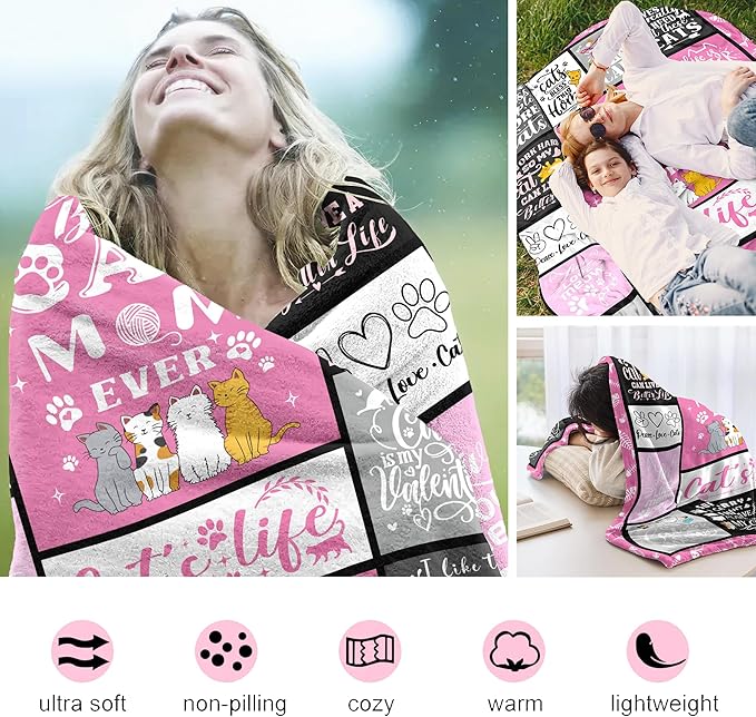 Cat Mom Blanket Gifts for Women Girls Soft Flannel Cat Throw Blanket Best Cats Mom Ever Blankets Gifts for Birthday Home Decor Adults 80"x60"