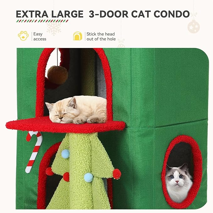 YITAHOME Christmas 3-Tier Cat House, Indoor Cat Cave Bed Playhouse, Covered Cat Beds & Furniture with Scratch Pad and Hideaway Cave,Christmas Cute Modern Cat Condo Furniture for Multi Small Cats