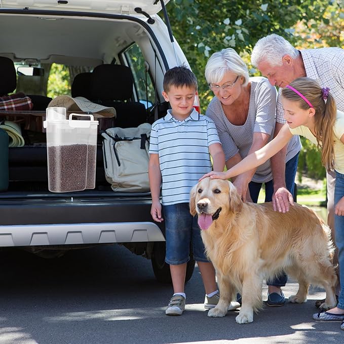 5-7LBS Plastic Dog Food and Cat Food Storage Container Does not Contain PBA. The Pet Food Storage Container with 4-Buckle Handle Design is Leak-Proof, Easy to Clean and Portable
