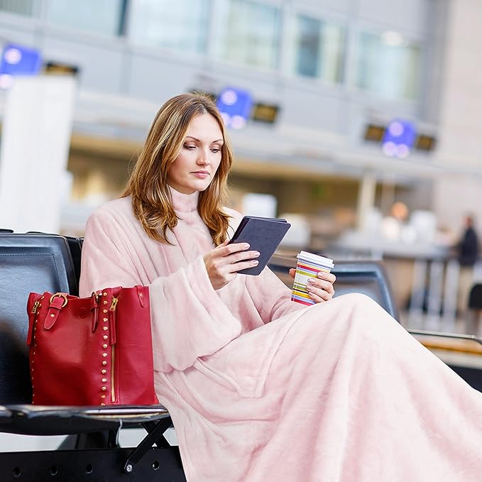 Solaris Travel Wearable Blanket with Sleeves, 2 in 1 Packable Airplane Pillow Blanket for Adult Women Men, Soft Cozy Warm Snuggy Body Blanket for Outdoor Indoor Home Lounge, Pink