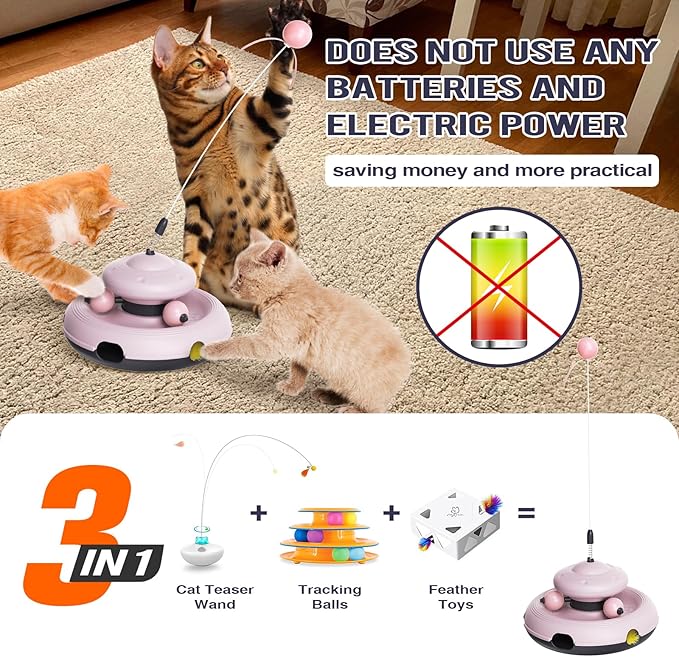 Zaabaaziba Interactive Cat Toys, Track Balls Kitten Toy for Indoor, High-Elasticity Cat Teaser Wand Cat Feather Toy, Perfect Toy for Multi-Cat Households for All Cat Breeds Pink