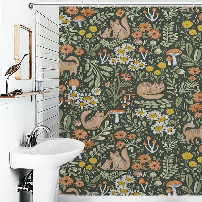 Cartoon Cute Forest Shower Curtains, Fairy Tale Mushroom Cat Flower Floral Leaf Green Pattern Decor Print Bath Drapes Set with Hooks, Waterproof Fabric Windows Treatment for Bathroom, 72x72in