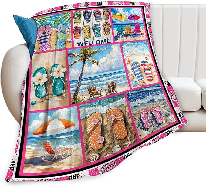 Coastal Blanket Ultra Soft Cozy Ocean Beach Palm Tree Throw Blanket Fleece Fuzzy Plush Bedding Blanket Beach Flip-Flops Decor Gifts for Women Girls Adults Couch Sofa 60"x50"
