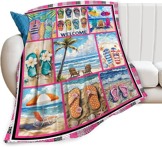 Coastal Blanket Ultra Soft Cozy Ocean Beach Palm Tree Throw Blanket Fleece Fuzzy Plush Bedding Blanket Beach Flip-Flops Decor Gifts for Women Girls Adults Couch Sofa 60"x50"