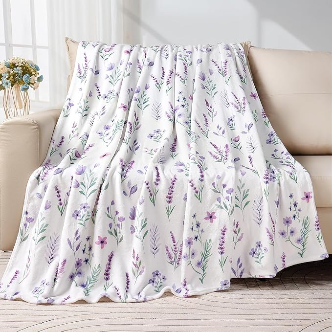 Purple Lavender Floral Throw Blanket Flower Botanical Throw Blankets Ultra Soft Cozy Flannel Throw Blanket Lightweight Fleece Fuzzy Plush Throw Blankets for Bed Chair Couch 50" X 60"