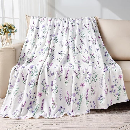 Purple Lavender Floral Throw Blanket Flower Botanical Throw Blankets Ultra Soft Cozy Flannel Throw Blanket Lightweight Fleece Fuzzy Plush Throw Blankets for Bed Chair Couch 50" X 60"